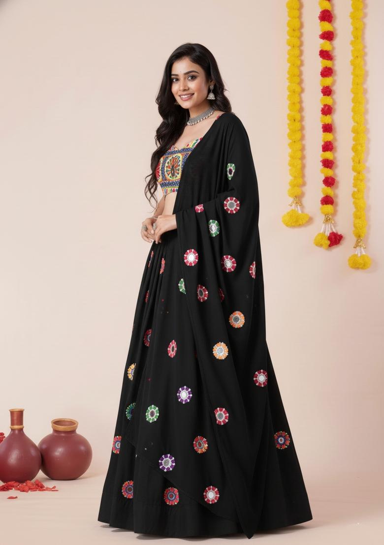 Black Zari Work Rayon Lehenga Set - Indya
