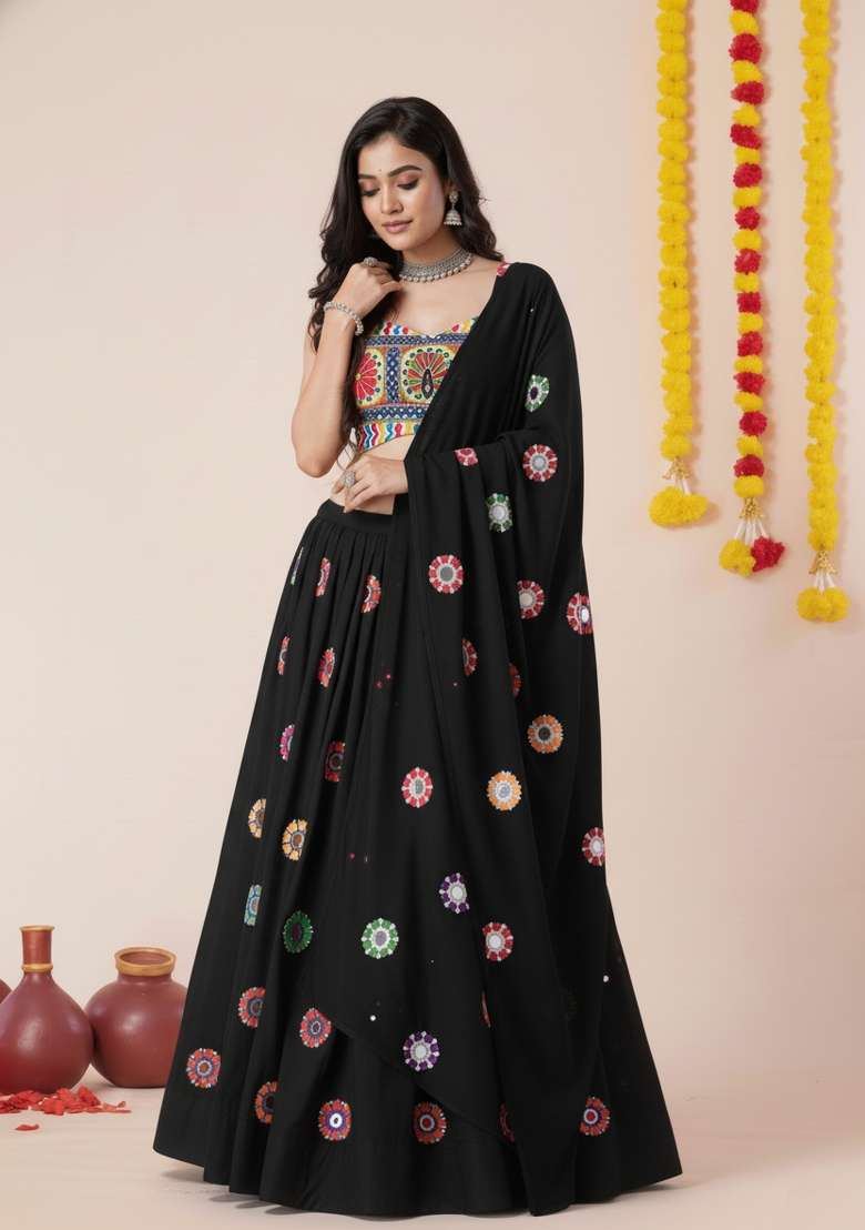 Black Zari Work Rayon Chaniya Choli Set For Navratri And Garba for Diwali and Festive Wear - Indya