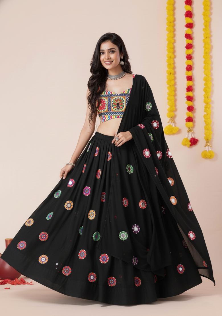 Black Zari Work Rayon Lehenga Set - Indya