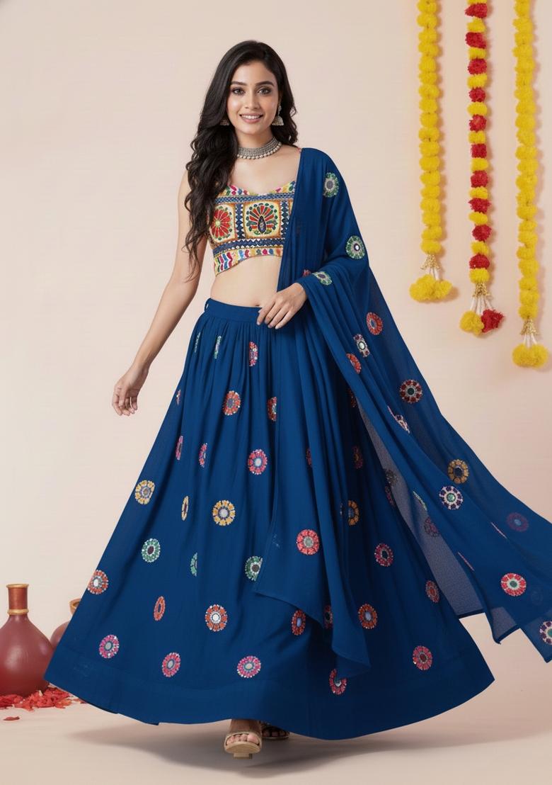 Teal Blue Zari Work Rayon Lehenga Set - Indya
