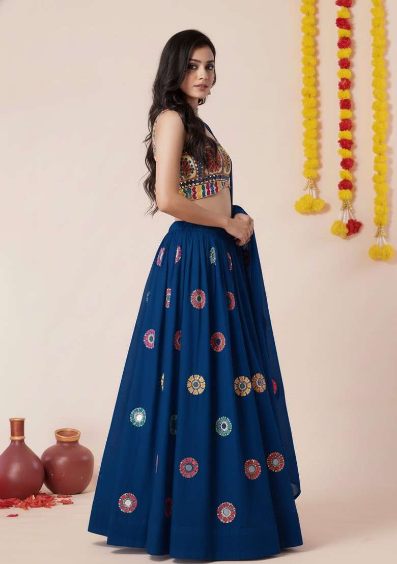 Teal Blue Zari Work Rayon Chaniya Choli Set For Navratri And Garba for Diwali | Wedding & Festive Wear - Indya