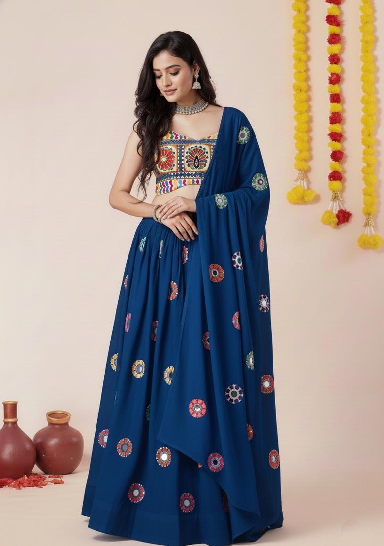 Teal Blue Zari Work Rayon Lehenga Set - Indya