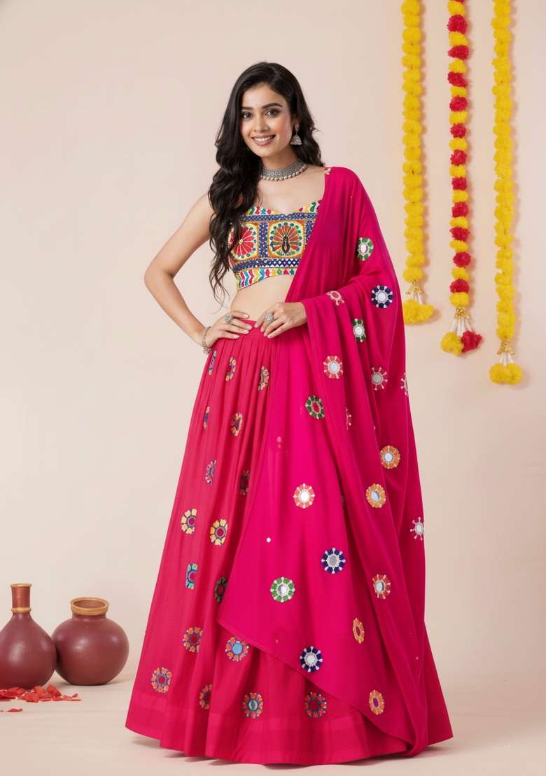 Pink Zari Work Rayon Chaniya Choli Set For Navratri And Garba for Diwali and Festive Wear - Indya
