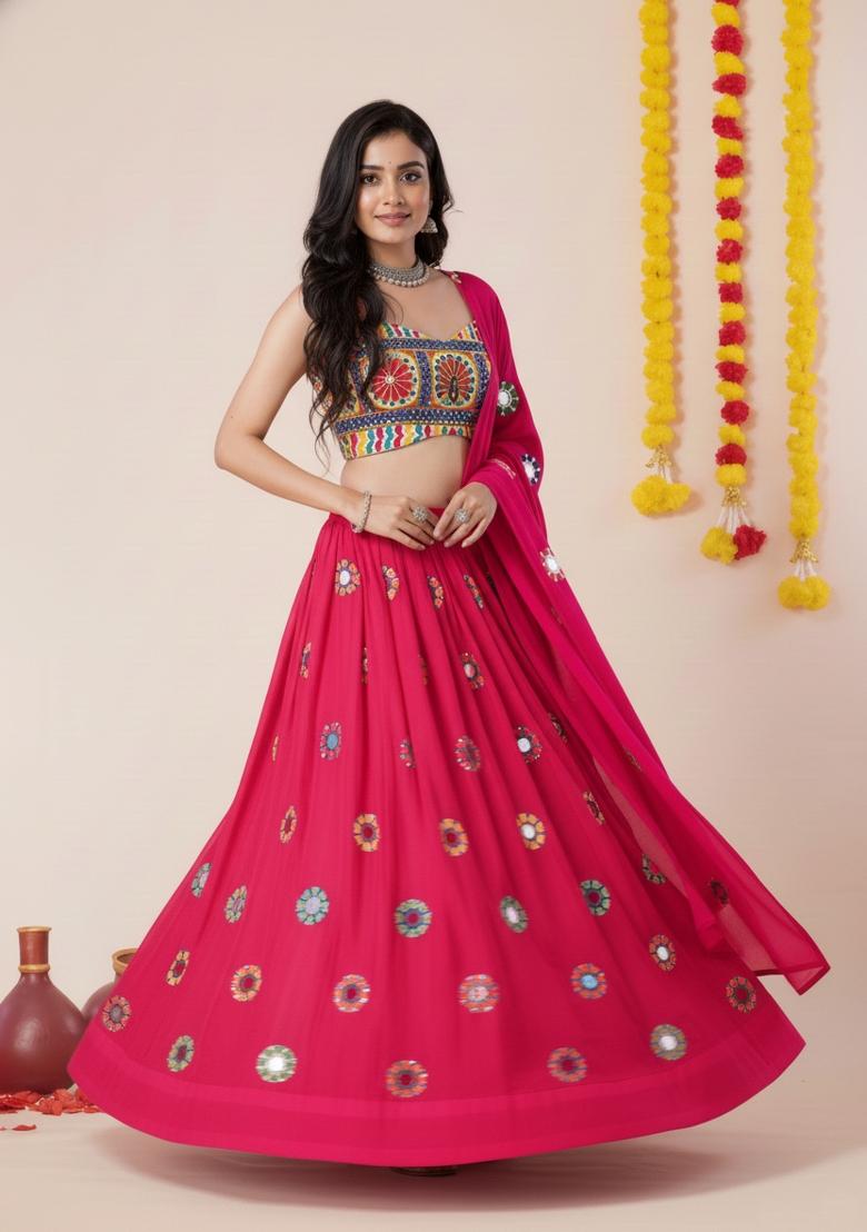 Pink Zari Work Rayon Lehenga Set - Indya