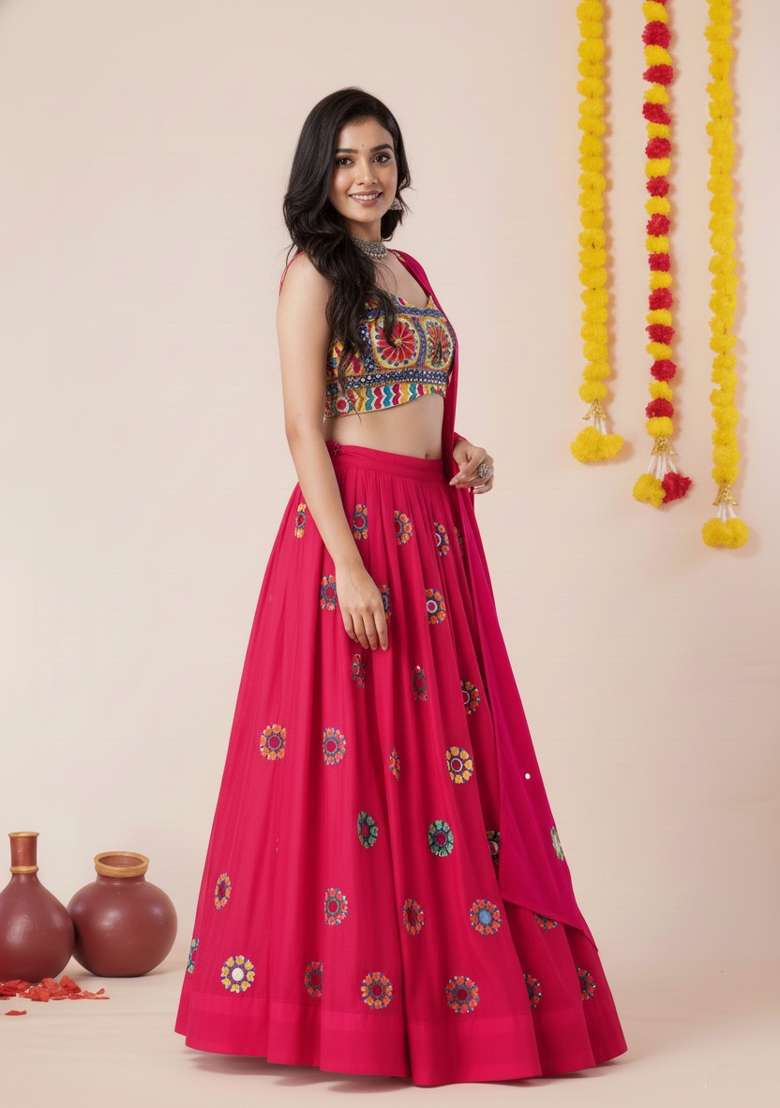 Pink Zari Work Rayon Chaniya Choli Set For Navratri And Garba for Diwali and Festive Wear - Indya