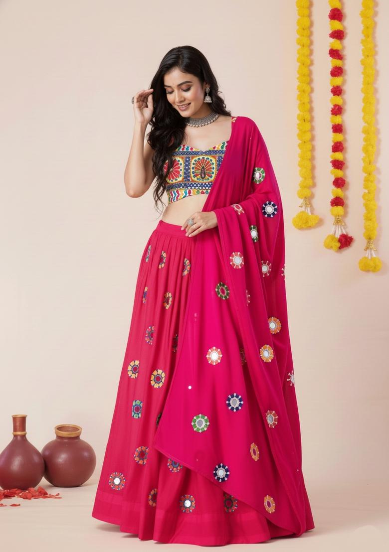 Pink Zari Work Rayon Lehenga Set - Indya