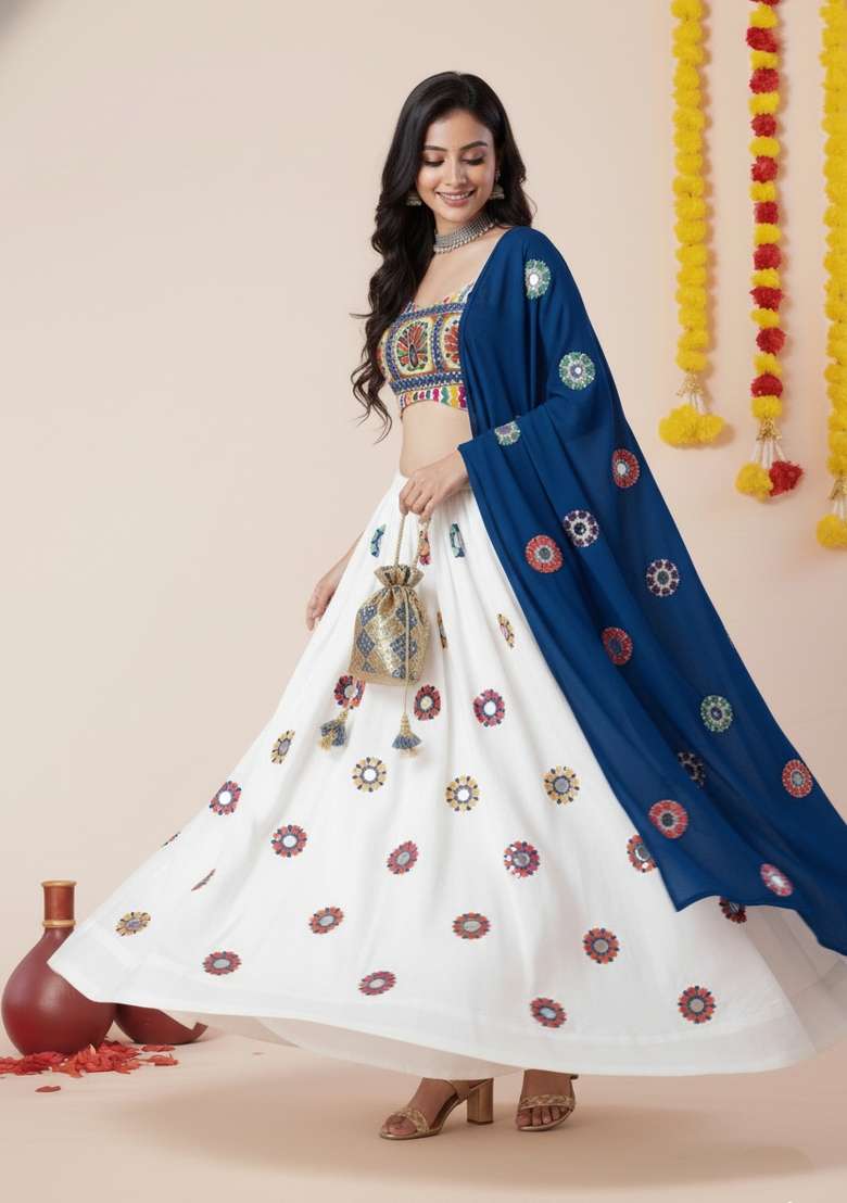 White Zari Work Rayon Chaniya Choli Set For Navratri And Garba for Diwali | Wedding & Festive Wear - Indya