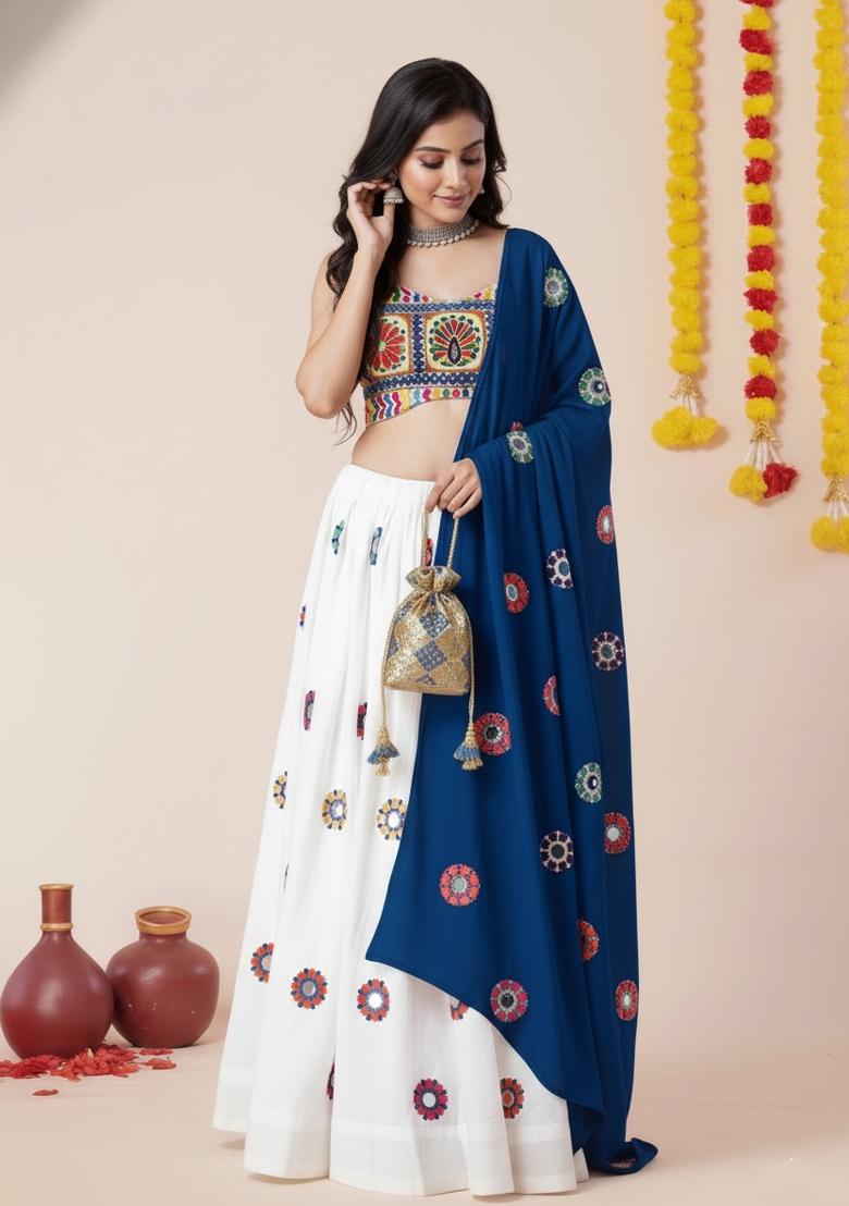 White Zari Work Rayon Lehenga Set - Indya