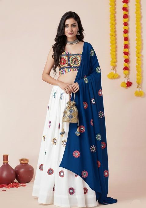 White Zari Work Rayon Chaniya Choli Set For Navratri And Garba