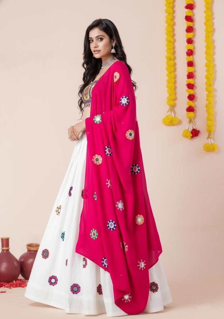 White Zari Work Rayon Lehenga Set - Indya