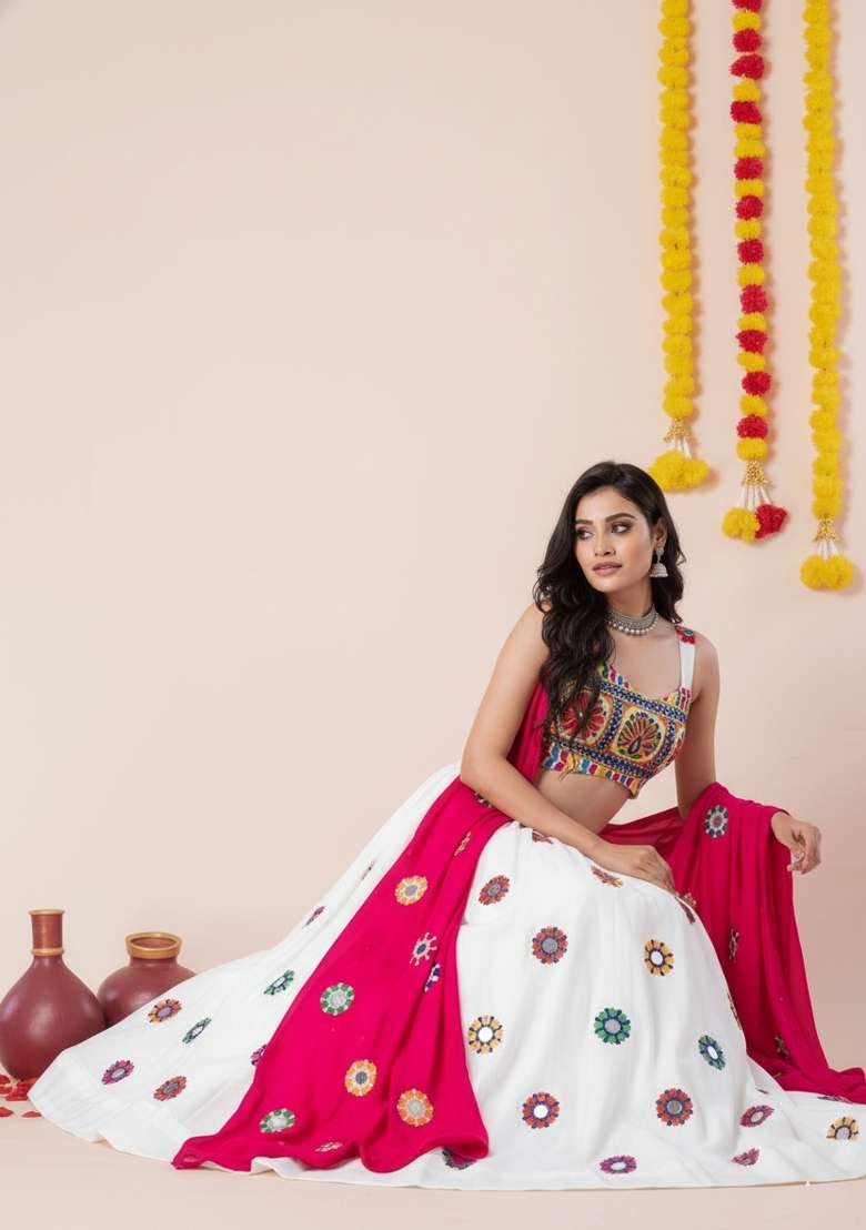 White Zari Work Rayon Chaniya Choli Set For Navratri And Garba for Diwali | Wedding & Festive Wear - Indya