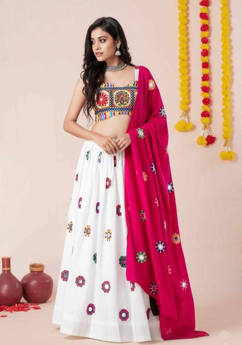 White Zari Work Rayon Lehenga Set - Indya