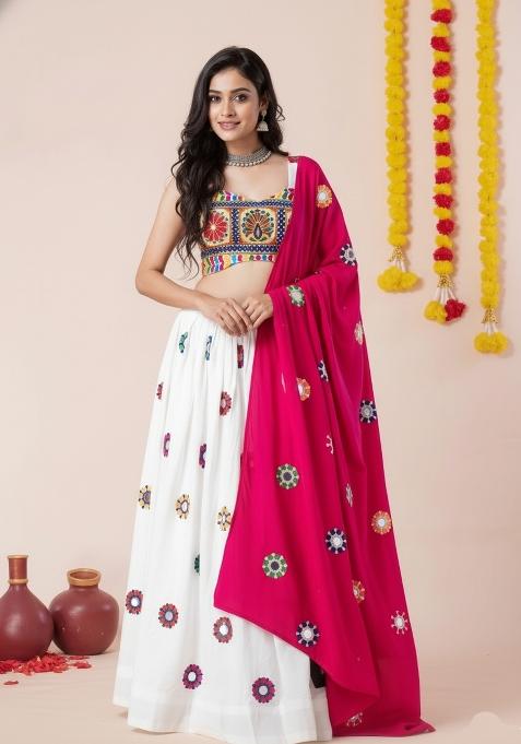 White Zari Work Rayon Lehenga Set