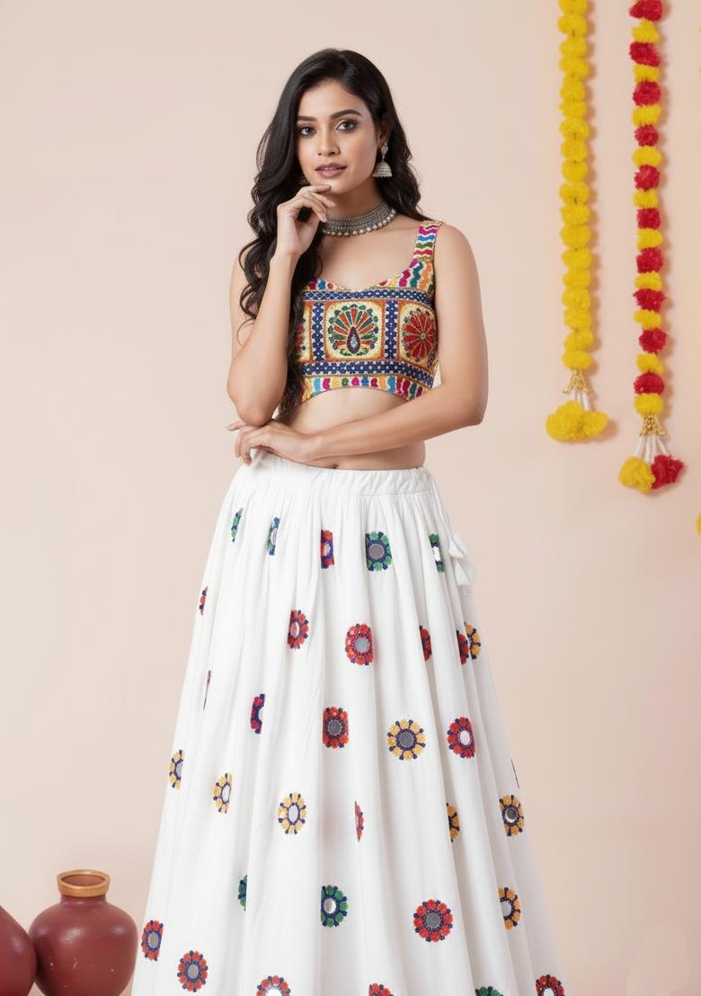White Zari Work Rayon Lehenga Set - Indya