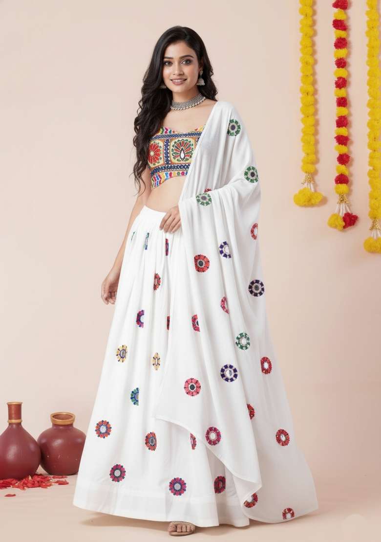 White Zari Work Rayon Chaniya Choli Set For Navratri And Garba for Diwali | Wedding & Festive Wear - Indya