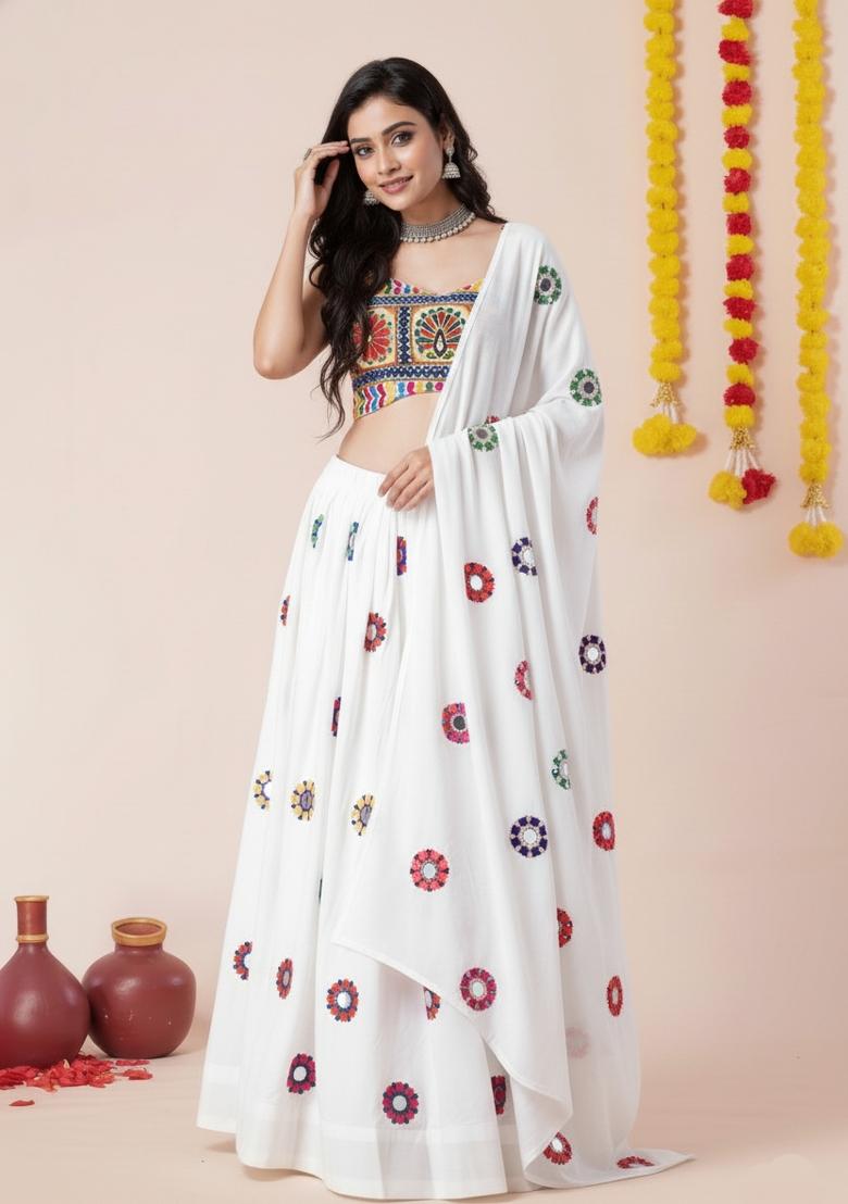White Zari Work Rayon Lehenga Set - Indya