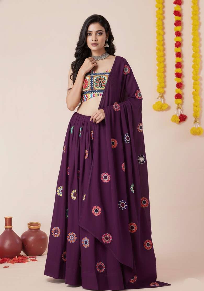 Wine Zari Work Rayon Chaniya Choli Set For Navratri And Garba for Diwali and Festive Wear - Indya