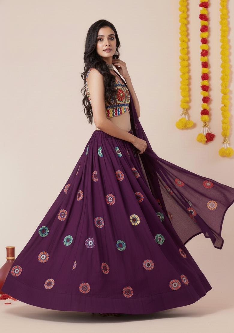 Wine Zari Work Rayon Lehenga Set - Indya