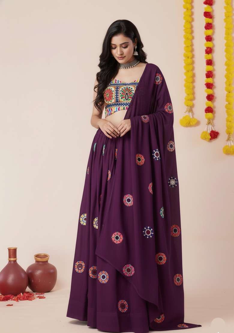 Wine Zari Work Rayon Chaniya Choli Set For Navratri And Garba for Diwali and Festive Wear - Indya