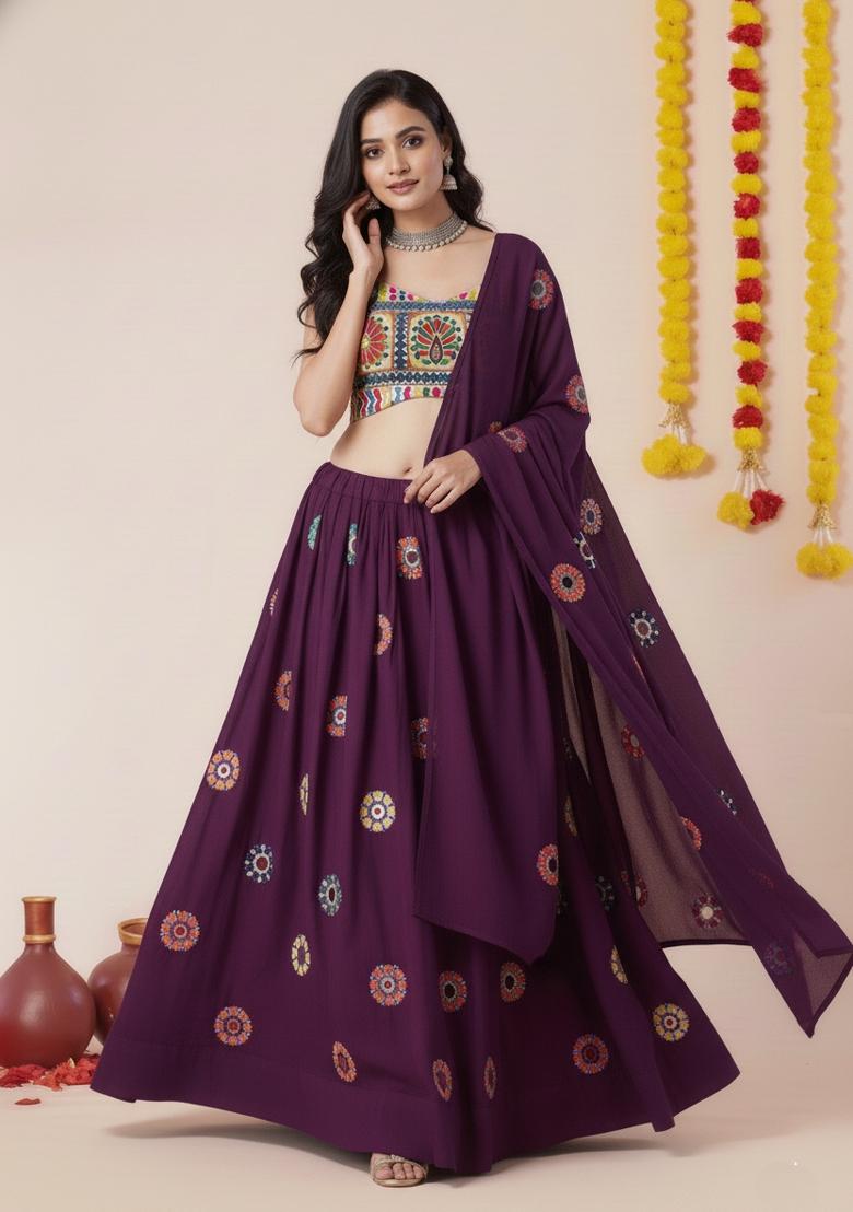 Wine Zari Work Rayon Lehenga Set - Indya