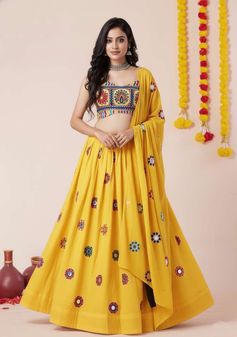 Yellow Zari Work Rayon Chaniya Choli Set For Navratri And Garba for Diwali and Festive Wear - Indya