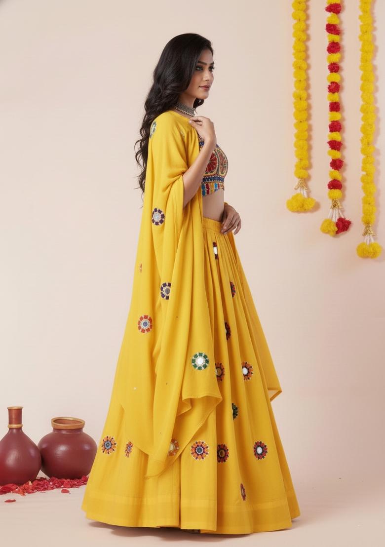 Yellow Zari Work Rayon Lehenga Set - Indya