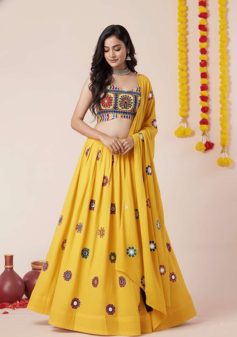 Yellow Zari Work Rayon Chaniya Choli Set For Navratri And Garba for Diwali and Festive Wear - Indya