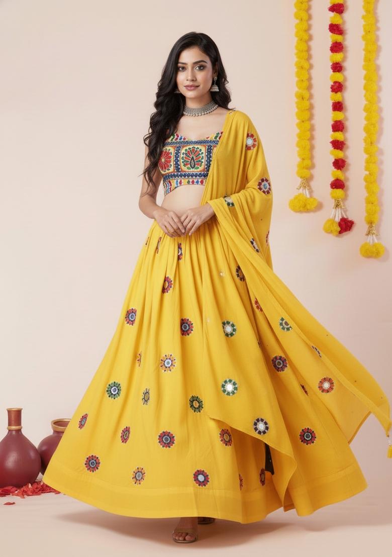 Yellow Zari Work Rayon Lehenga Set - Indya