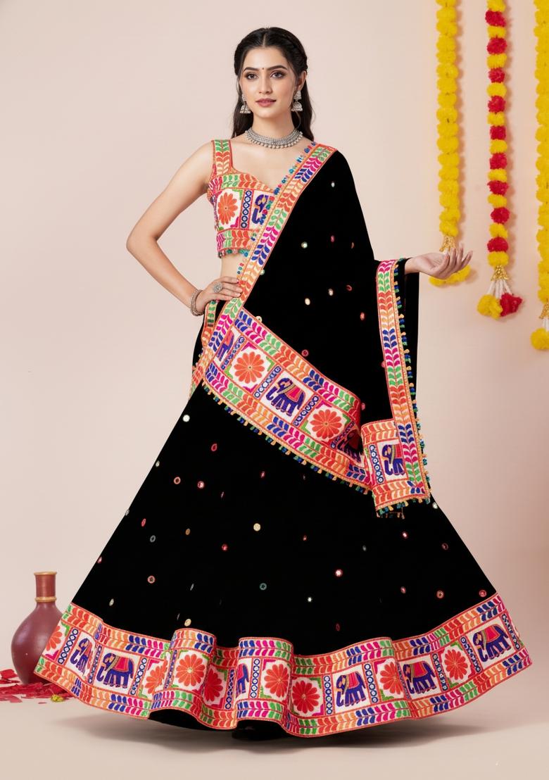 Black Zari Work Rayon Lehenga Set - Indya