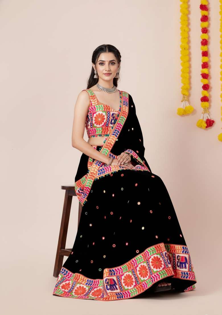 Black Zari Work Rayon Chaniya Choli Set For Navratri And Garba for Diwali and Festive Wear - Indya