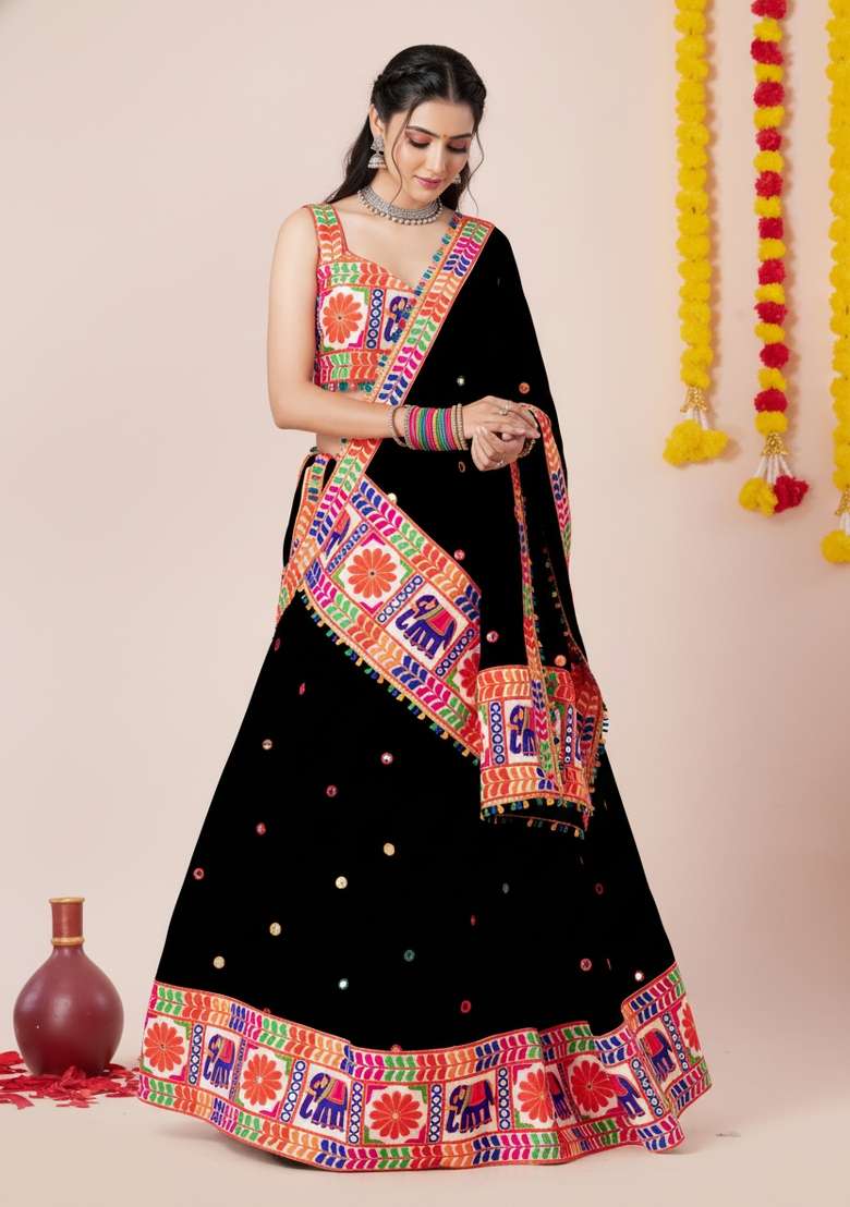 Black Zari Work Rayon Chaniya Choli Set For Navratri And Garba for Diwali and Festive Wear - Indya