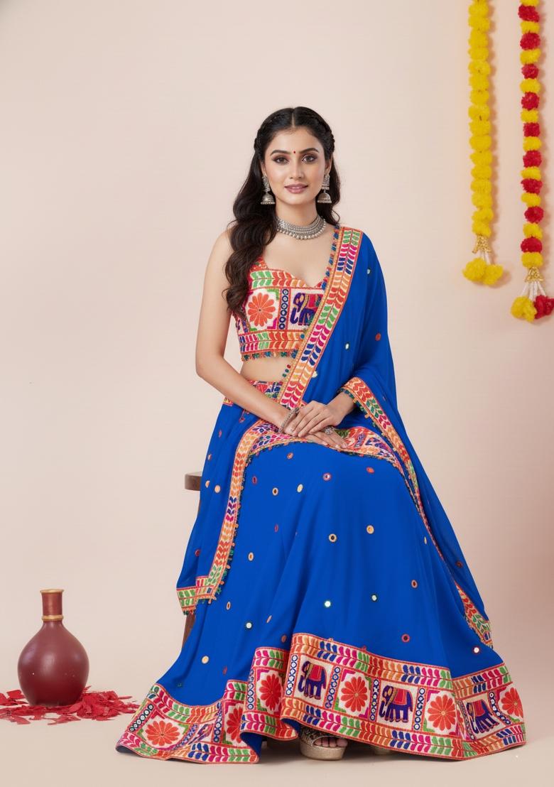 Blue Zari Work Rayon Lehenga Set - Indya