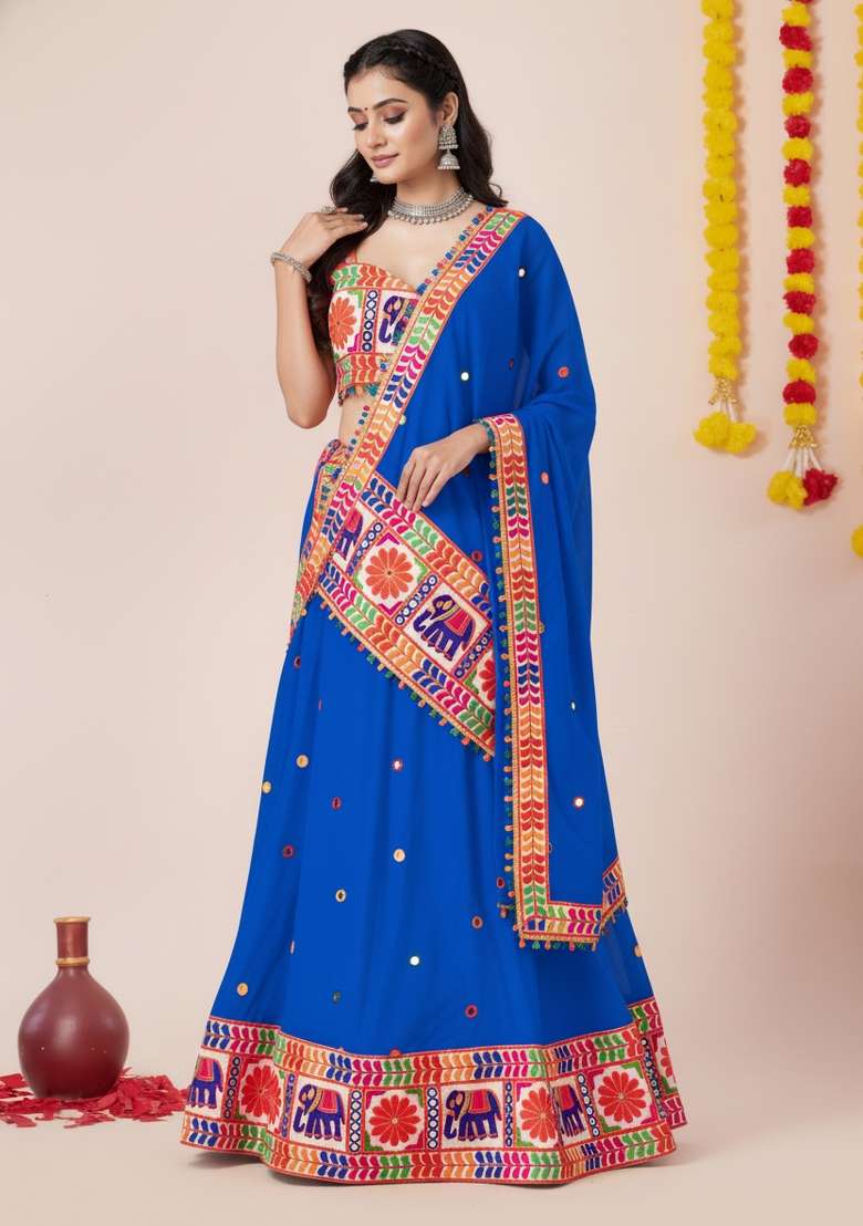 Blue Zari Work Rayon Chaniya Choli Set For Navratri And Garba for Diwali and Festive Wear - Indya