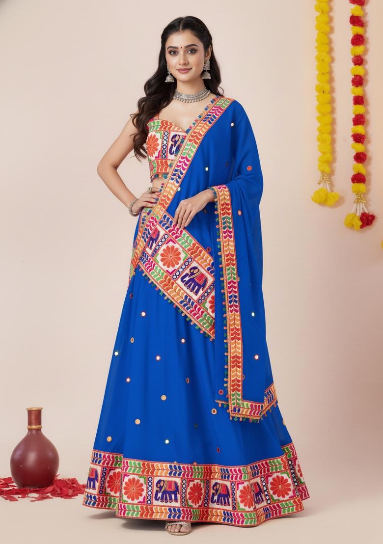 Blue Zari Work Rayon Lehenga Set - Indya
