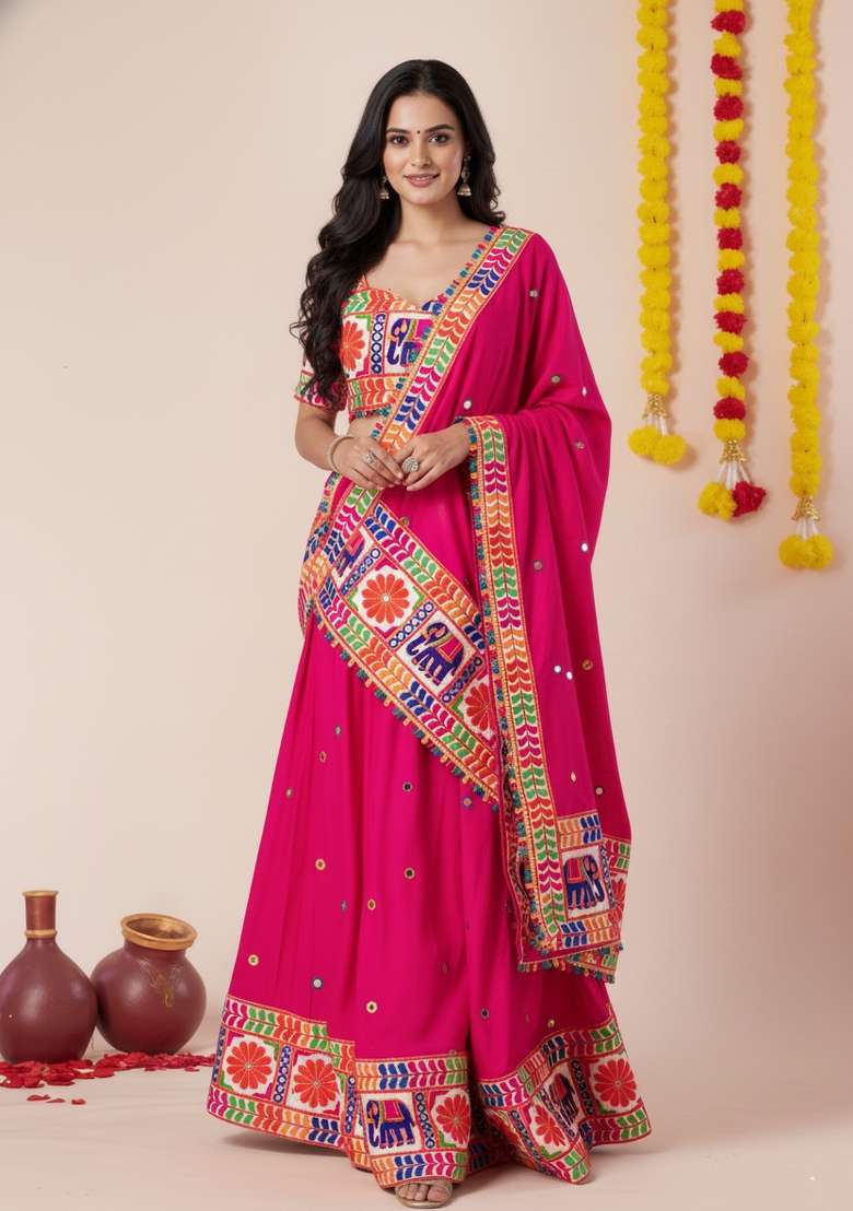 Pink Zari Work Rayon Chaniya Choli Set For Navratri And Garba for Diwali and Festive Wear - Indya