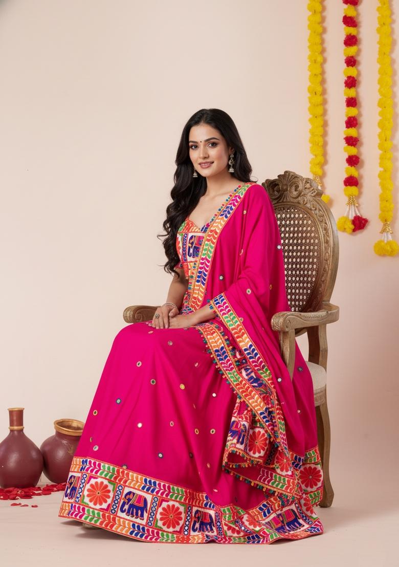 Pink Zari Work Rayon Lehenga Set - Indya