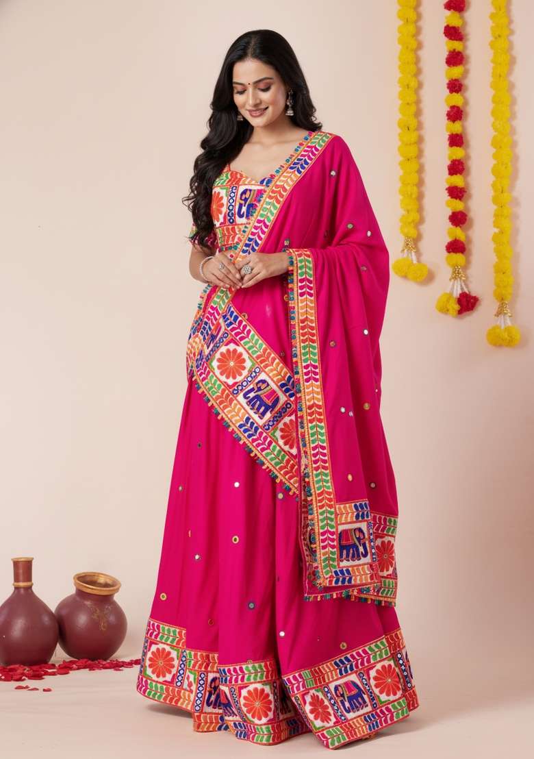Pink Zari Work Rayon Chaniya Choli Set For Navratri And Garba for Diwali and Festive Wear - Indya
