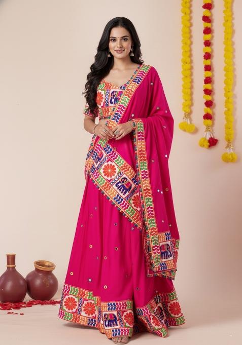 Pink Zari Work Rayon Chaniya Choli Set For Navratri And Garba