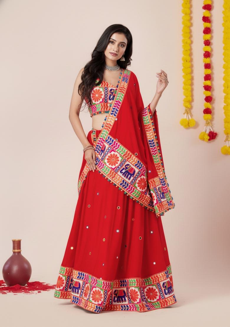 Red Zari Work Rayon Lehenga Set - Indya