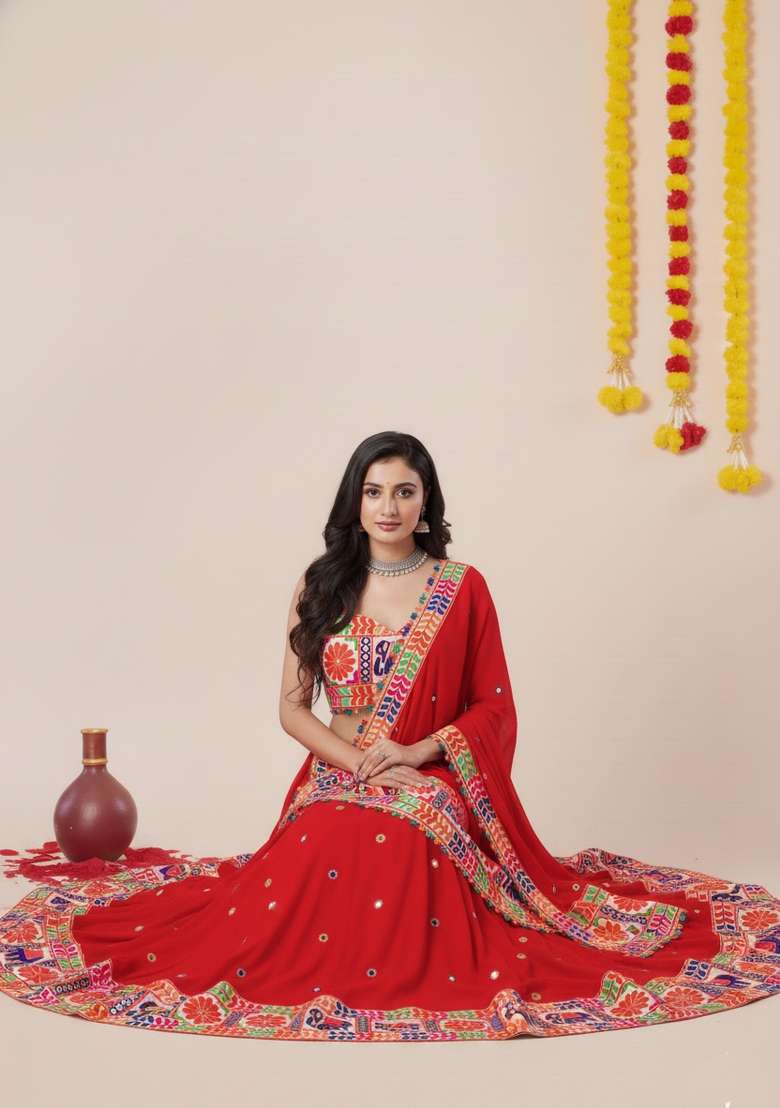 Red Zari Work Rayon Chaniya Choli Set For Navratri And Garba for Diwali and Festive Wear - Indya
