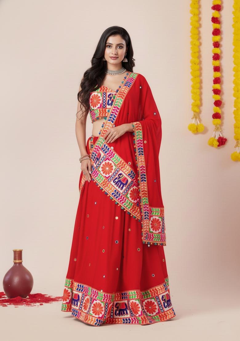 Red Zari Work Rayon Lehenga Set - Indya