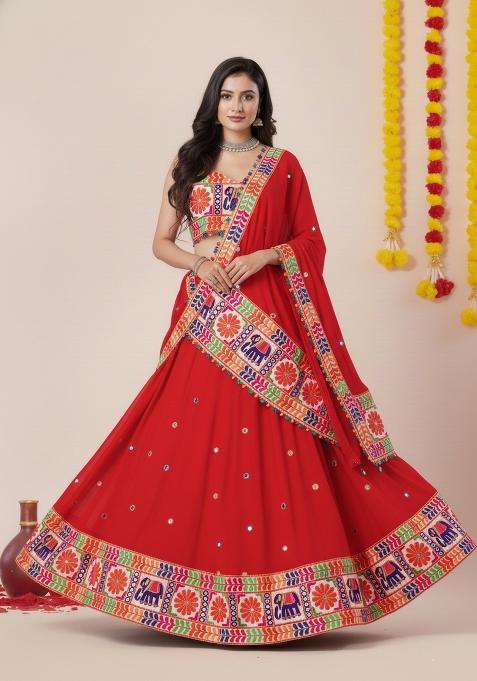 Red Zari Work Rayon Chaniya Choli Set For Navratri And Garba