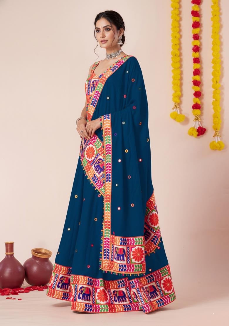 Teal Blue Zari Work Rayon Lehenga Set - Indya