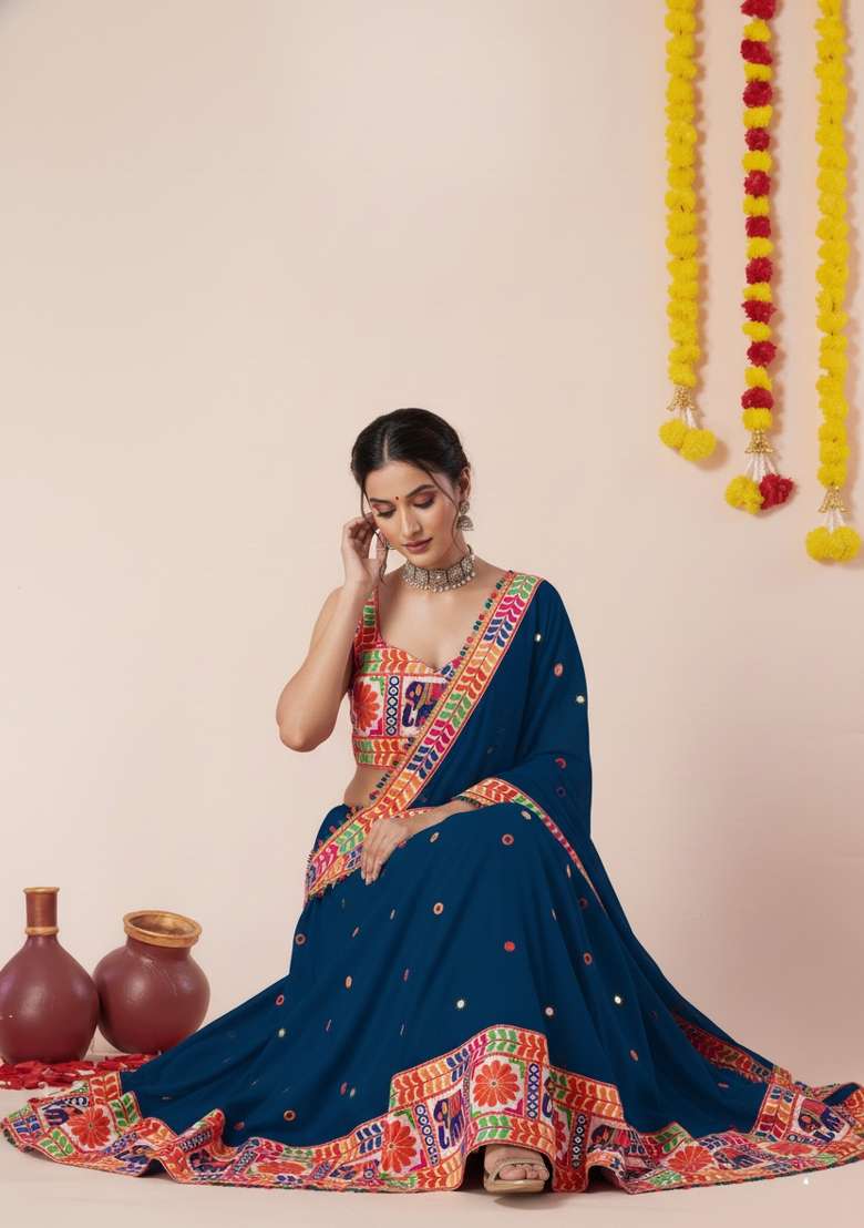 Teal Blue Zari Work Rayon Chaniya Choli Set For Navratri And Garba for Diwali | Wedding & Festive Wear - Indya