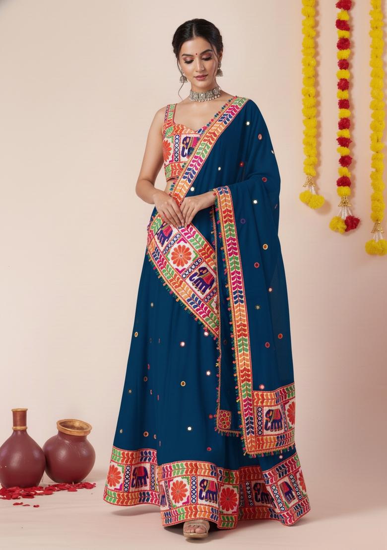 Teal Blue Zari Work Rayon Lehenga Set - Indya