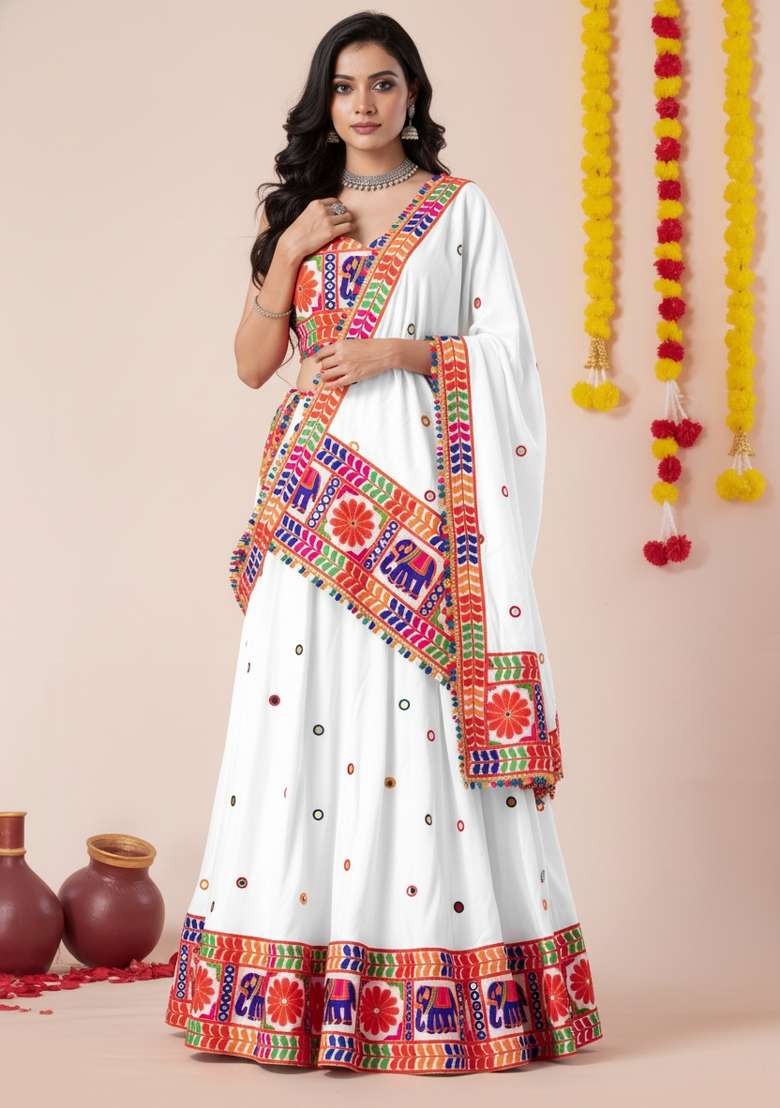 White Zari Work Rayon Chaniya Choli Set For Navratri And Garba for Diwali and Festive Wear - Indya