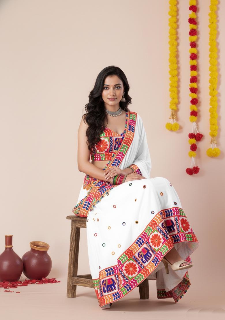 White Zari Work Rayon Lehenga Set - Indya