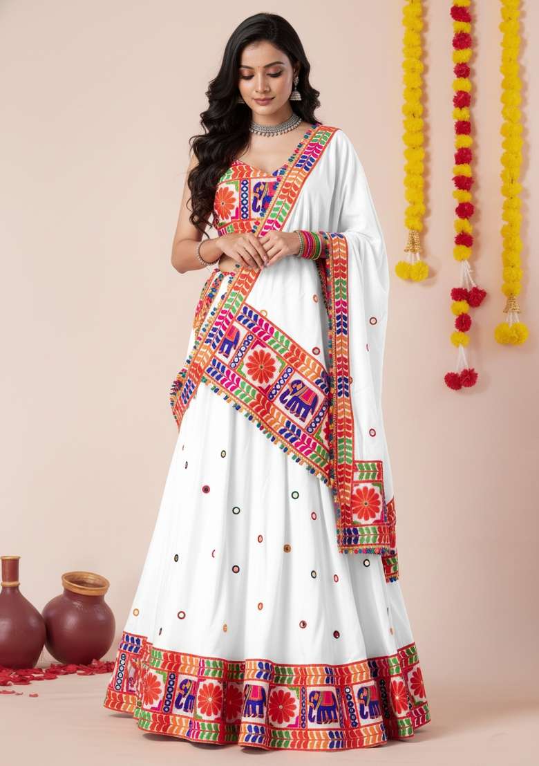 White Zari Work Rayon Chaniya Choli Set For Navratri And Garba for Diwali and Festive Wear - Indya