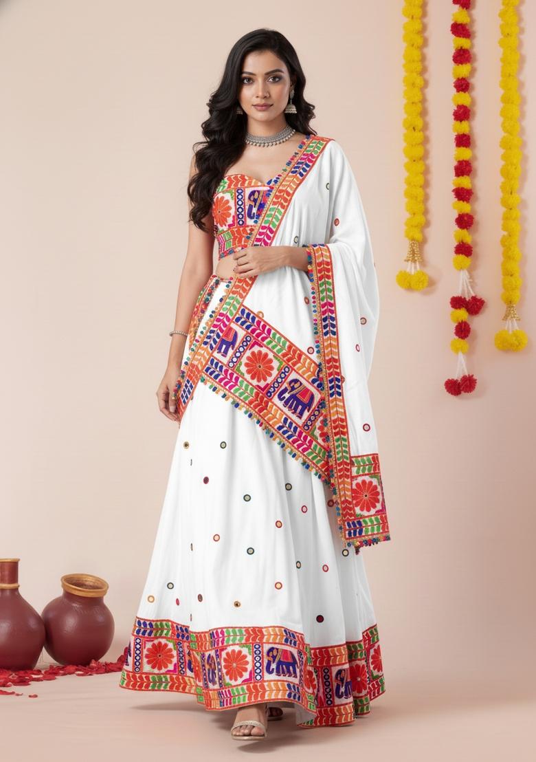 White Zari Work Rayon Lehenga Set - Indya