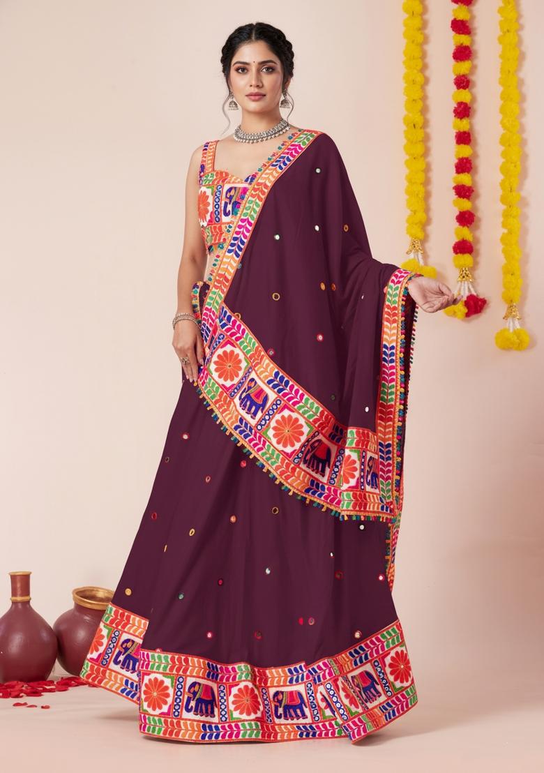Wine Zari Work Rayon Lehenga Set - Indya